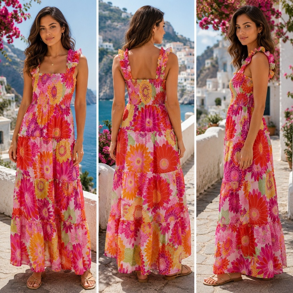 J.Marie Maxi Dress Womens XS Multicolor Floral Tiered Ruffle Smocked Bodice